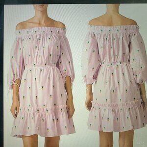 Kate Spade Off Shoulder Pineapple Dress pink embroidered ruffle cotton XS